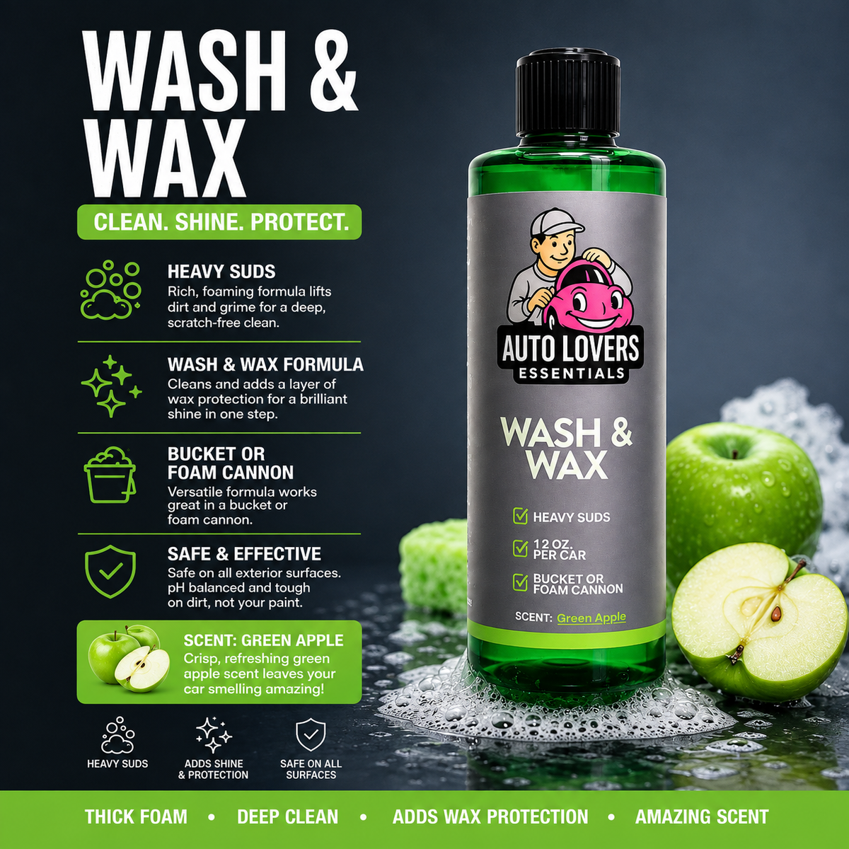 Auto Lovers Essentials - Wash & Wax (Green Apple) Heavy Suds Formula