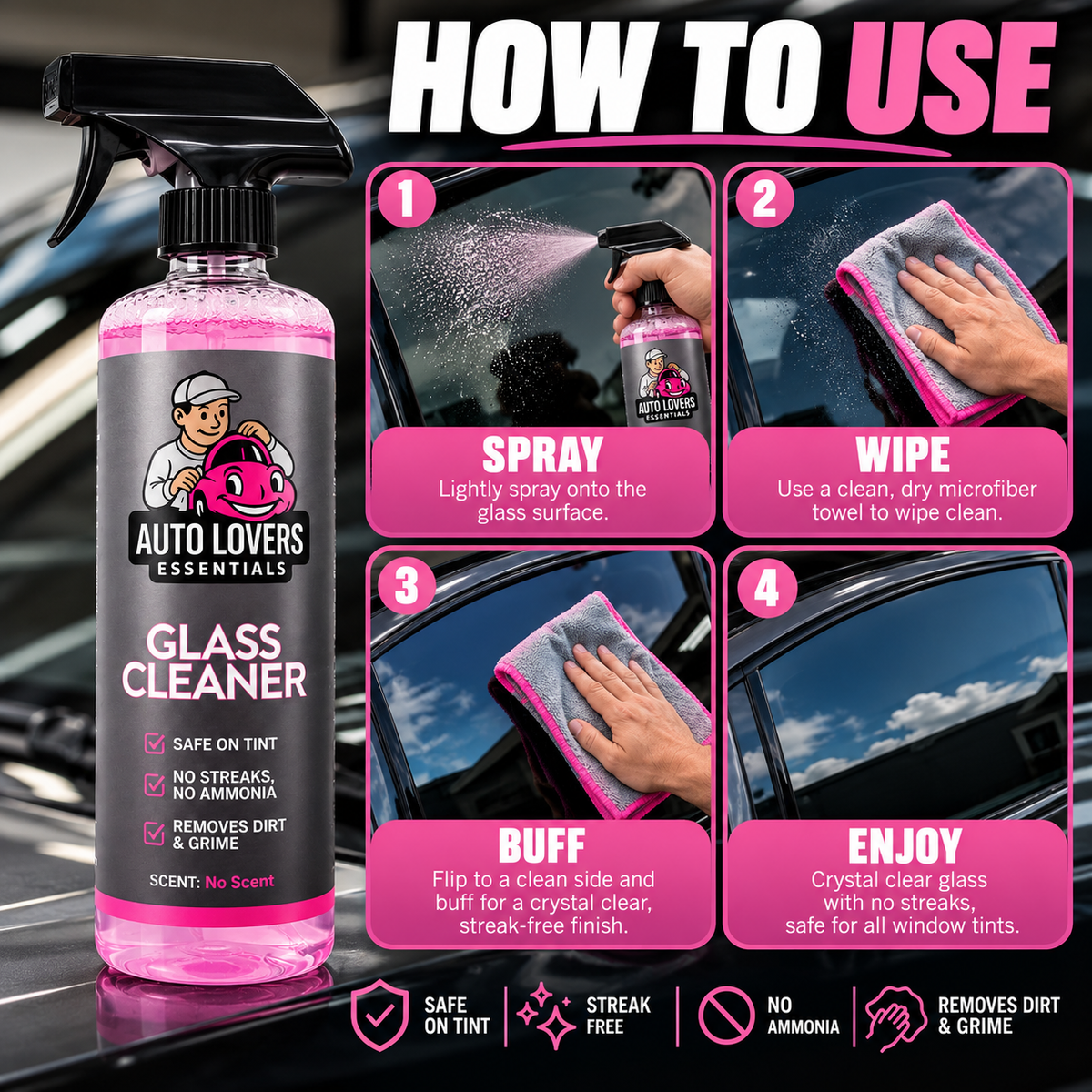 Tint-Safe Automotive Glass Cleaner – Streak-Free Pink Formula