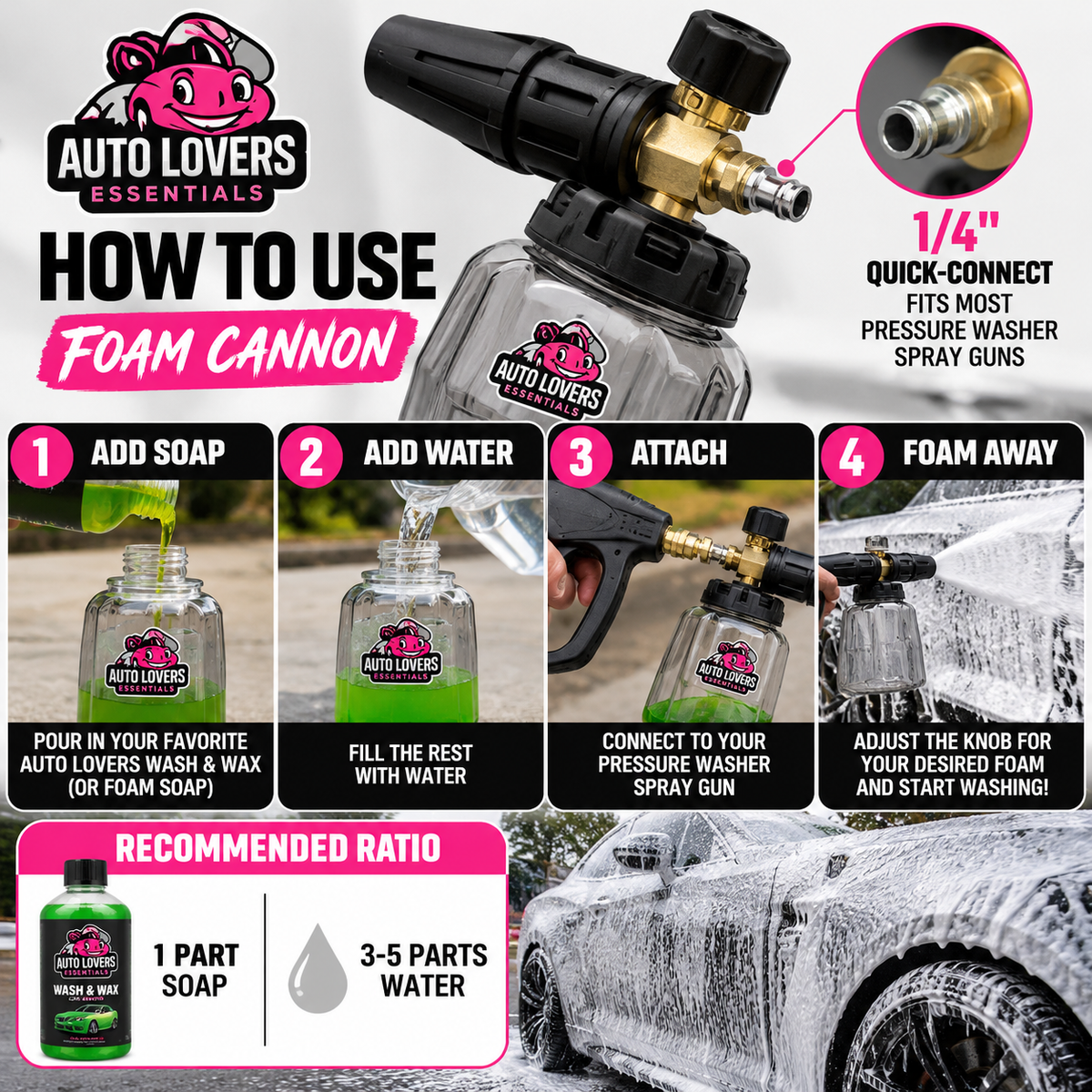 Auto Lovers Essentials Premium Foam Cannon – Adjustable Snow Foam Sprayer for Pressure Washers | 1/4” Quick Connect