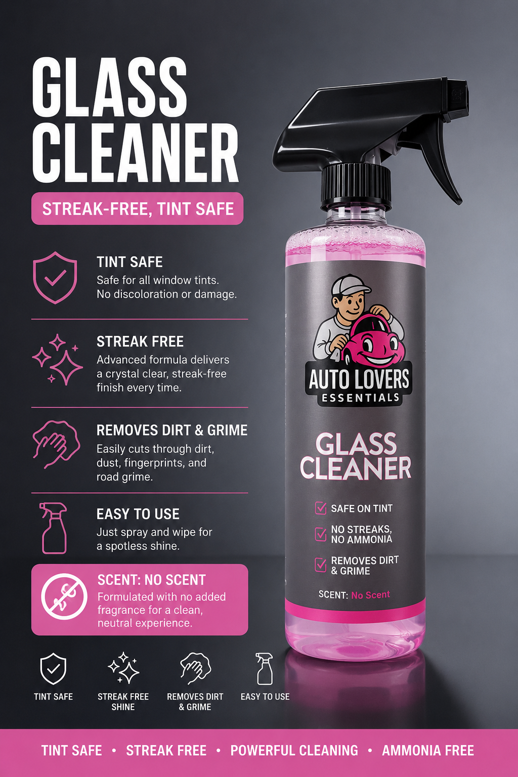 Tint-Safe Automotive Glass Cleaner – Streak-Free Pink Formula