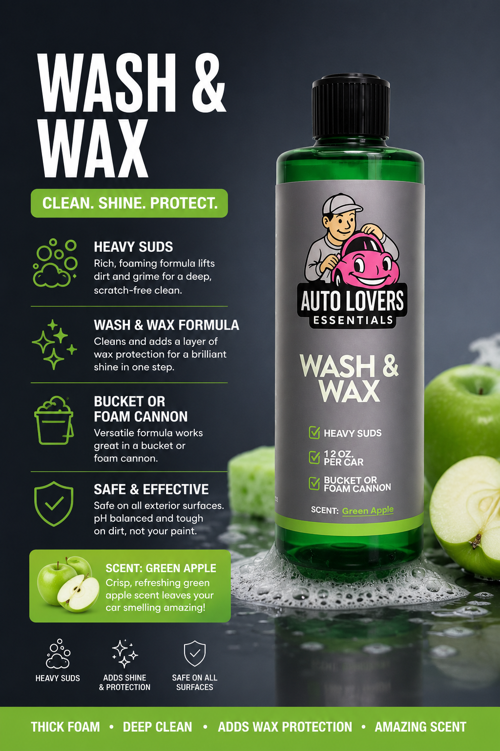 Auto Lovers Essentials - Wash & Wax (Green Apple) Heavy Suds Formula
